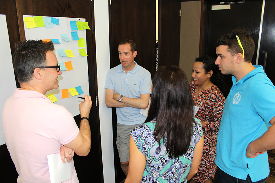 Team brainstorming at a sticky-note wall