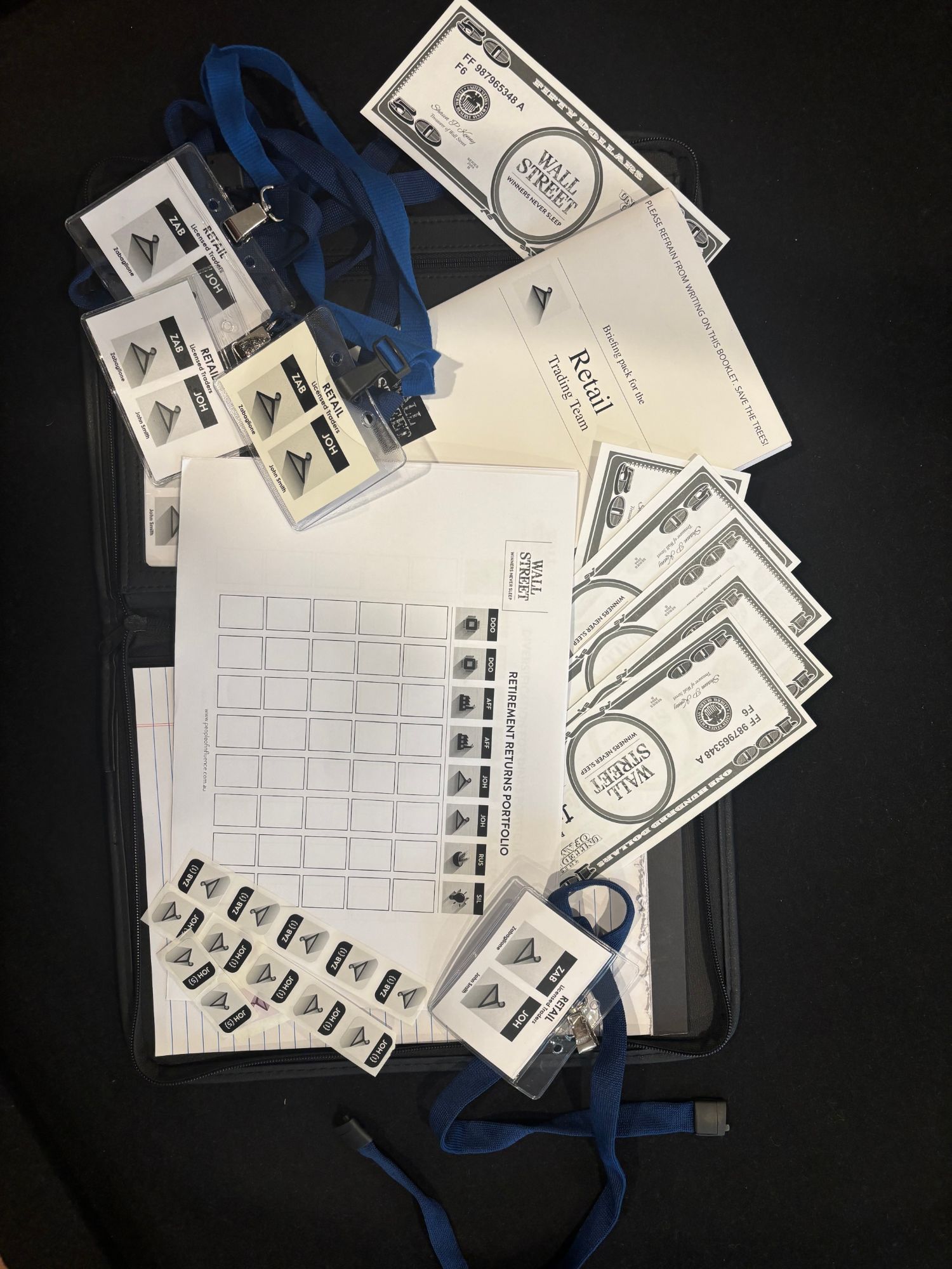 The Wall Street kit: lanyards, share cards, trading sheet and dollars